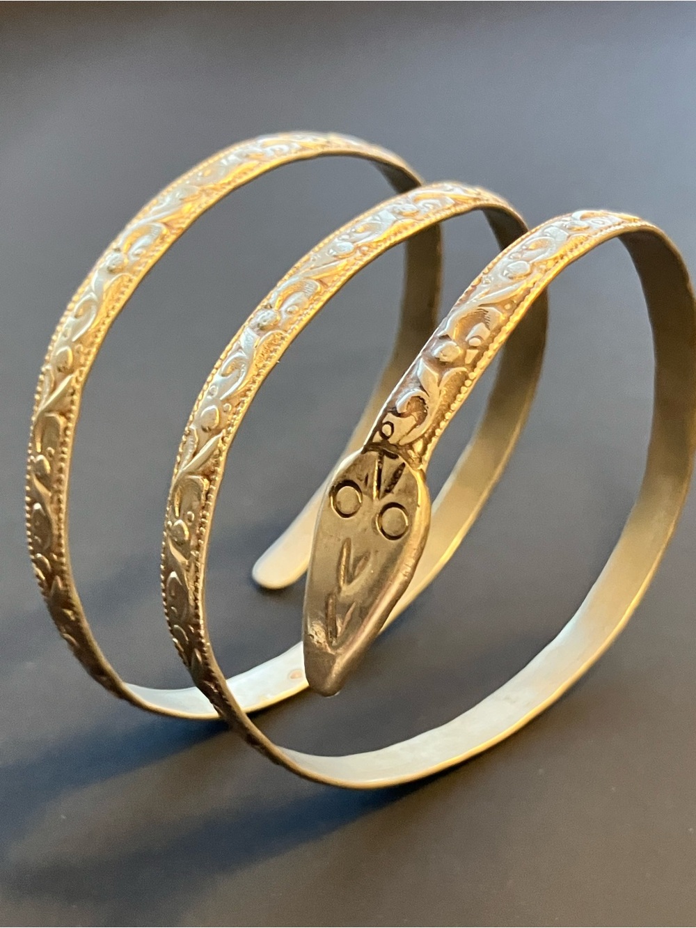 VTG 70’s Coiled Snake Serpent Wrap Bracelet Cuff Embossed Mexico Silver Metal
